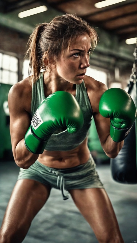  An athletic girl with a determined expression is training in a gritty, industrial-style boxing gym. She's wearing vibrant light green boxing gloves. Naked, nude, red nipples,Her hair is pulled back in a practical ponytail, highlighting her concentrated gaze and the light sheen of perspiration that suggests intense physical effort. She's captured throwing a powerful punch towards a heavy bag, which bears English characters, signifying perhaps a motivational phrase or the name of the gym. The lighting is dramatic, with stark contrasts that carve out her muscular definition and the textures of her surroundings. The environment is rich with detail, from the rough texture of the concrete pillars to the worn boxing ring ropes, all contributing to an atmosphere of toughness and resilience, best quality, ultra highres, original, extremely detailed, perfect lighting.