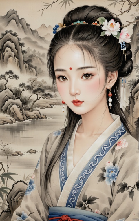  ((masterpiece)),((best quality)),8k,high detailed,ultra-detailed,
In the style of traditional Chinese ink wash painting,
A beautiful woman in ancient attire stands gracefully,
Surrounded by a breathtaking landscape of mountains and rivers,
Her delicate features highlighted by the subtle brush strokes,
Mountains looming tall in the background, shrouded in mist,
A tranquil river winding its way through the scene,
Trees and foliage rendered with elegant simplicity,
The beauty of nature and femininity harmoniously depicted,
A timeless representation of classical Chinese art,
Elegance and serenity captured in monochrome,