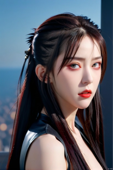 (best quality,masterpiece, HDR,UHD,8K,Vivid Colors, extreme detail description, Professional:1.1), (pale skin, perfect skin, red iris, thin lips, thin mouth, long hair: 1.1), 1girl, looking at viewer,  tifa, sit, upper body, (glaring,annoy,serious,kubrick stare:1.3),clenched teeth,
