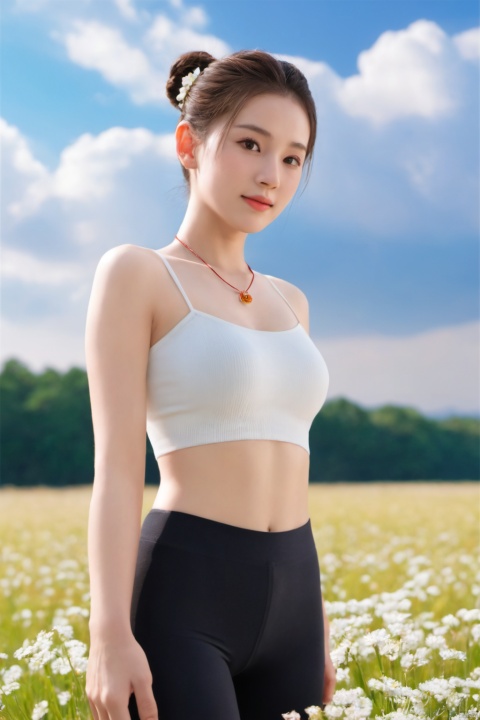  (((upper body))), Realistic, masterpiece, highest quality, high resolution, extreme details, 1 girl, solo, bun, headdress, delicate eyes, beautiful face, shallow smile, delicate necklace, 1girls, fair_skin, long hair, medium breasts, naked, nude, red nipples, red Yoga high waisted leggings, Yoga pants, long legs ,looking_at_viewer,(standing),（smile), 1girl, hair bun, light gauze, snow-white skin, delicate skin texture, silver bracelet, pantyhose, elegant standing, outdoor, blue sky, white clouds, flowers, flowers, grass, movie light, light, light tracking, (Nikon AF-S 105mm f / 1.4E ED), realistic, Anime