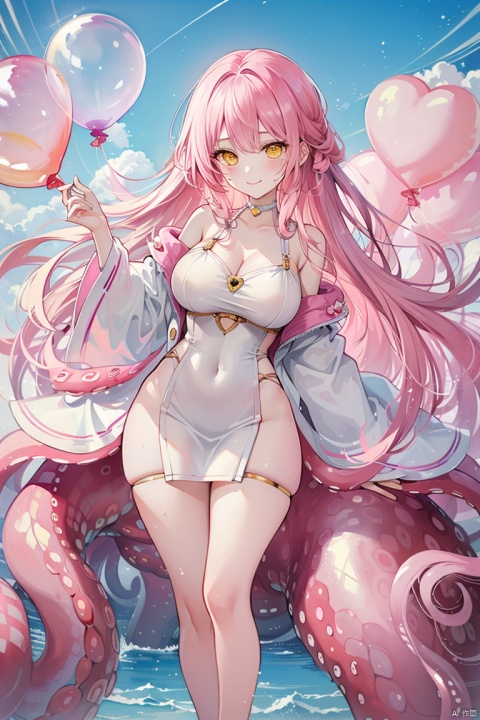  masterpiece, bright , high quality,pink_hair, long_hair, (yellow_eyes)),beautiful_eyes,,1girl,hair_behind_ear,hair_censor,watercolor_(medium), watercolor, smiling, wet, pink liquid,(white leather clothing）, chocker,  dynamic pose,4k,heart,pink octopus, long legs,  large tits, huge tits, straight breasts, transparent clothing,blush, tree, ((outside))  ,sky, street, balloons, octopus girl