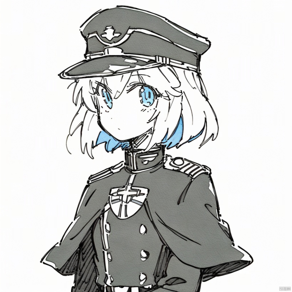 (colored sketchy style),1girl, blue_eyes, military_uniform, military_cap, cope, black_uniform, white_haur, medium_hair