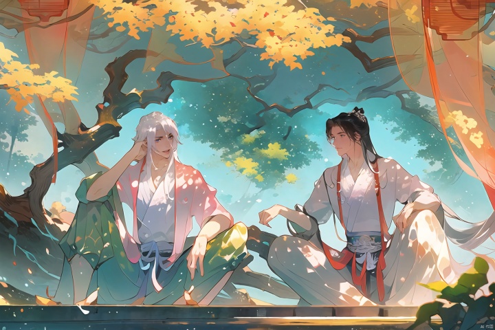 2boys, sitting near a pool, summer, one boy is white hair and another boy s black hair, trees, backlight, outdoors, leaf, male focus,sakazuki, Chinese clothes, long hair, Chinese style, Ancient China_Indoor scenes,Hanama wine, Hanama wine