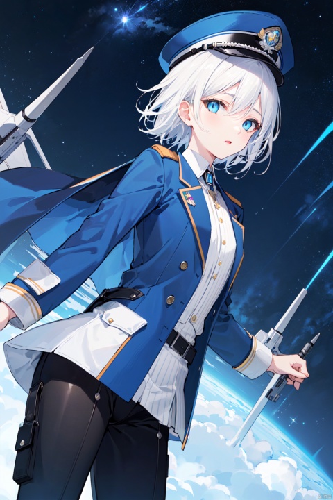  (masterpiece:1.2),best quality,PIXIV,1girl,white hair,blue eyes,short hair, Apricot eye, white peaked cap,military_uniform, starship, ((blue, starrynight)), 