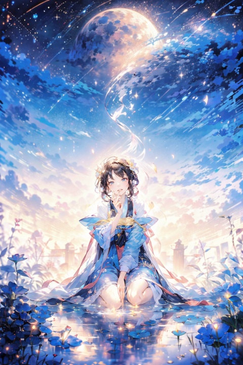 Fisheye lens,up view, a beautiful girl, Lively posture, facing the audience, glass sea, lotus leaf, lotus pond, created by Studio Ghibli, Surrounded by small goldfish, dynamic expressive force, extreme rainbow colors, laser, full of imagination,unmatched composition,clock,full moon,ultra-detailed, super high quality,flower,KCW,汉服,唐风