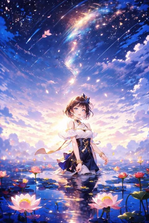 Fisheye lens,up view, a beautiful girl, Lively posture, facing the audience, glass sea, lotus leaf, lotus pond, created by Studio Ghibli, Surrounded by small goldfish, dynamic expressive force, extreme rainbow colors, laser, full of imagination,unmatched composition, ultra-detailed, super high quality ,JK_style,flower,KCW