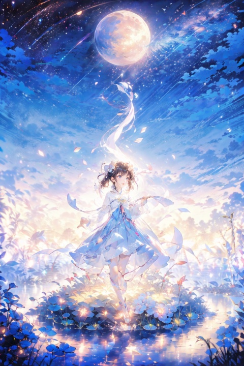 Fisheye lens,up view, a beautiful girl, Lively posture, facing the audience, glass sea, lotus leaf, lotus pond, created by Studio Ghibli, Surrounded by small goldfish, dynamic expressive force, extreme rainbow colors, laser, full of imagination,unmatched composition,clock,full moon,floating objects,falling flowers,ultra-detailed, super high quality,flower,KCW,汉服,唐风