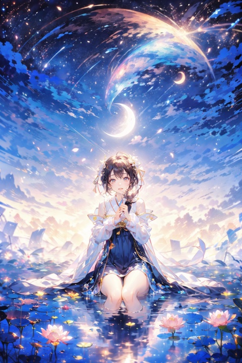 Fisheye lens,up view, a beautiful girl, Lively posture, facing the audience, glass sea, lotus leaf, lotus pond, created by Studio Ghibli, Surrounded by small goldfish, dynamic expressive force, extreme rainbow colors, laser, full of imagination,unmatched composition,clock,full moon,ultra-detailed, super high quality,flower,KCW,汉服