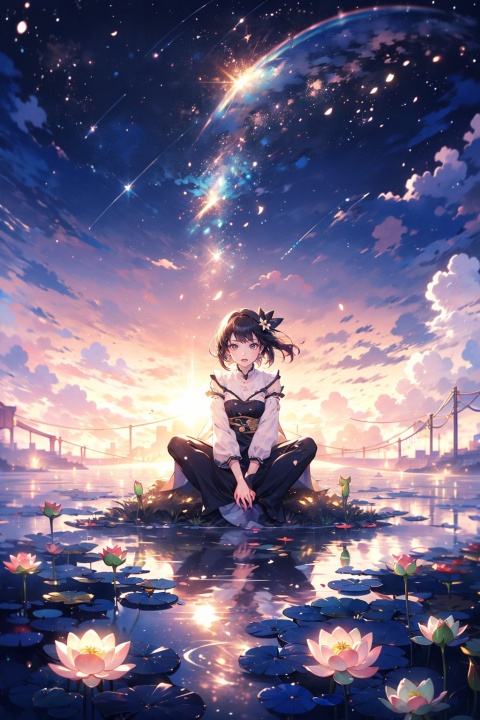 Fisheye lens,up view, a beautiful girl, Lively posture, facing the audience, glass sea, lotus leaf, lotus pond, created by Studio Ghibli, Surrounded by small goldfish, dynamic expressive force, extreme rainbow colors, laser, full of imagination,unmatched composition, ultra-detailed, super high quality ,JK_style,flower,KCW