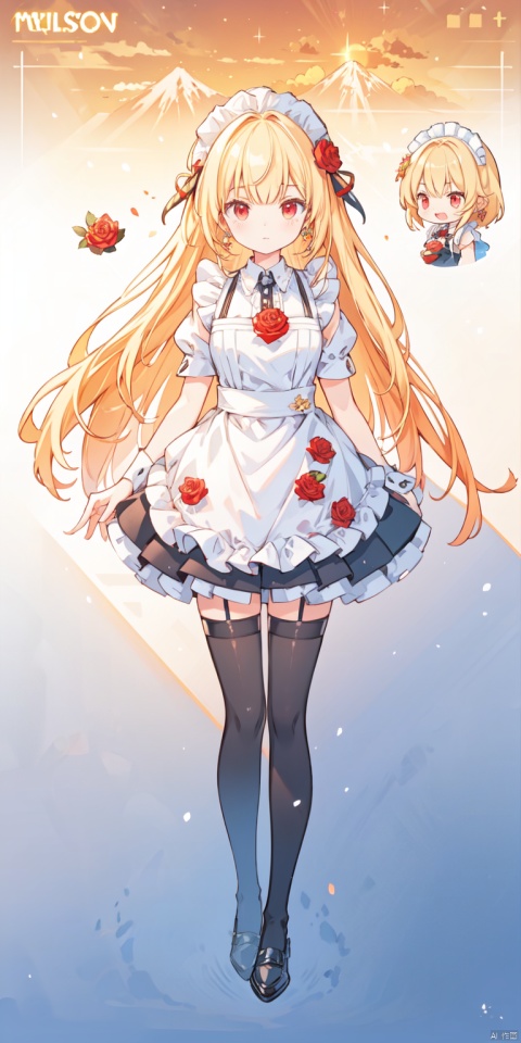 rating:safe, female focus, gradient, gradient background, earrings,masterpiece,best quality,official art,extremely detailed CG unity 8k wallpaper, golden hour lighting, wallpaper, milf, mature female, platinum blonde hair, crossed bangs, red eyes,😉,maid,maid apron,puffy sleeves,maid headdress,black shorts,black thighhighs,thigh strap,garter straps, masterpiece,best quality,winter,snow field,bangs,blunt bangs,fruit,full body,hat,long hair,looking at viewer,red flower,red rose,rose,standing,thick thighs,curvy,plump,skindentation,solo,sky,sun,mountain,forest,lake,
