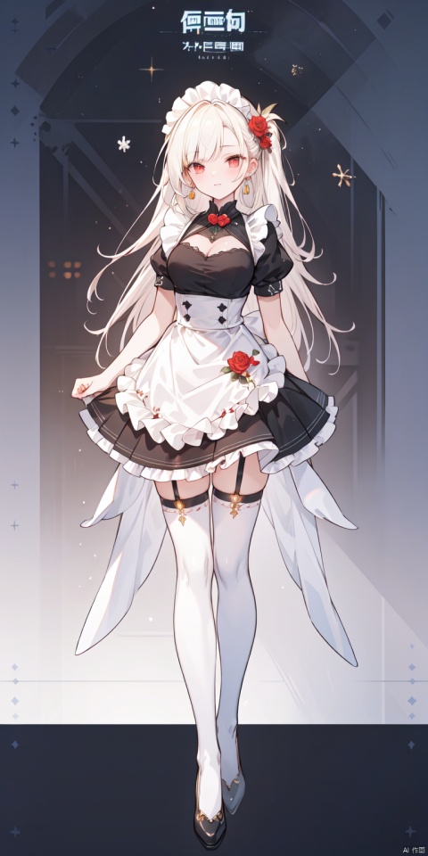 rating:safe, female focus, gradient, gradient background, earrings,masterpiece,best quality,official art,extremely detailed CG unity 8k wallpaper, golden hour lighting, wallpaper, milf, mature female, platinum blonde hair, crossed bangs, red eyes,😉,maid,maid apron,puffy sleeves,maid headdress,black shorts,black thighhighs,thigh strap,garter straps, masterpiece,best quality,winter,snow field,bangs,blunt bangs,fruit,full body,hat,long hair,looking at viewer,red flower,red rose,rose,standing,thick thighs,curvy,plump,skindentation,solo,sky,sun,mountain,forest,lake,