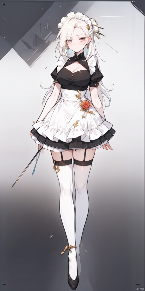 rating:safe, female focus, gradient, gradient background, earrings,masterpiece,best quality,official art,extremely detailed CG unity 8k wallpaper, golden hour lighting, wallpaper, milf, mature female, platinum blonde hair, crossed bangs, red eyes,😉,maid,maid apron,puffy sleeves,maid headdress,black shorts,black thighhighs,thigh strap,garter straps, masterpiece,best quality,winter,snow field,bangs,blunt bangs,fruit,full body,hat,long hair,looking at viewer,red flower,red rose,rose,standing,thick thighs,curvy,plump,skindentation,solo,sky,sun,mountain,forest,lake,