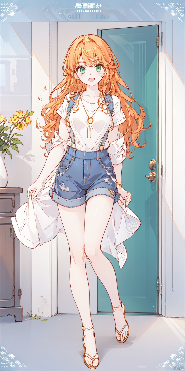 masterpiece,best quality,official art,extremely detailed CG unity 8k wallpaper,gyaru, girl, orange hair, slit pupils , green eyes, medium breasts, dungarees,