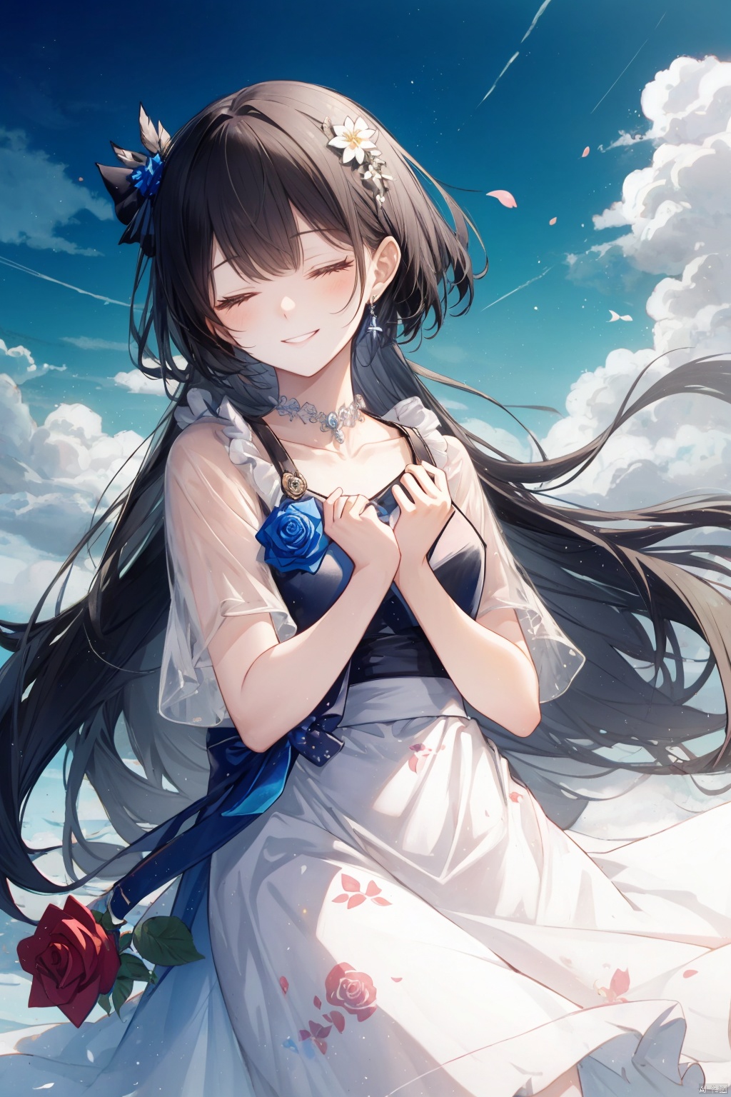 A serene outdoor scene unfolds as a girl with long, raven-black locks and a bright smile stands alone, her eyes closed in peaceful contemplation. She wears a dress with short sleeves and a floral print that catches the eye, adorned with a delicate pink rose tucked behind her ear. The sky above is a brilliant blue, dotted with puffy white clouds, as she tilts her head and cradles the remaining rose bloom against her palm.