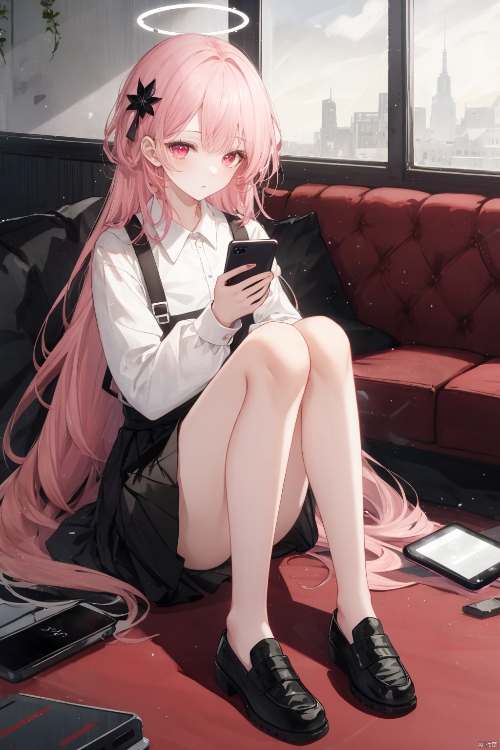1girl, solo, long hair, looking at viewer, bangs, skirt, shirt, hair ornament, red eyes, long sleeves, holding, sitting, very long hair, full body, white shirt, pink hair, shoes, indoors, black skirt, pink eyes, black footwear, legs, bare legs, halo, phone, cellphone, loafers, knees up, holding phone, on floor, ruins