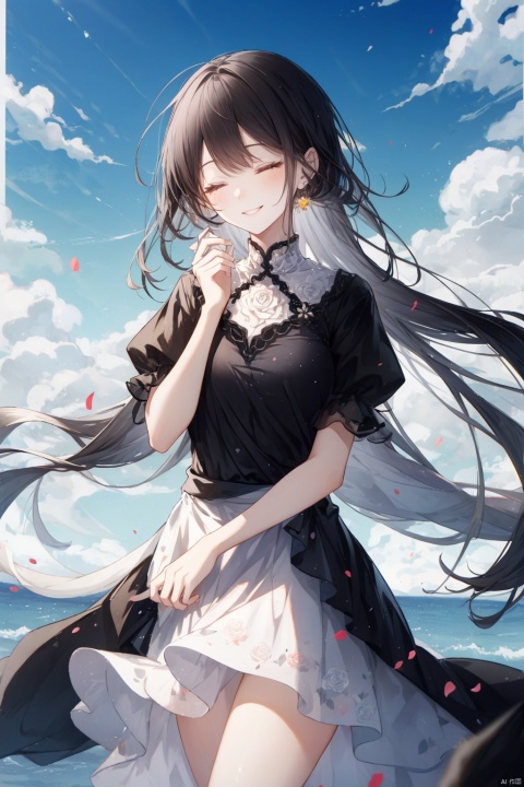 A serene outdoor scene unfolds as a girl with long, raven-black locks and a bright smile stands alone, her eyes closed in peaceful contemplation. She wears a dress with short sleeves and a floral print that catches the eye, adorned with a delicate pink rose tucked behind her ear. The sky above is a brilliant blue, dotted with puffy white clouds, as she tilts her head and cradles the remaining rose bloom against her palm.