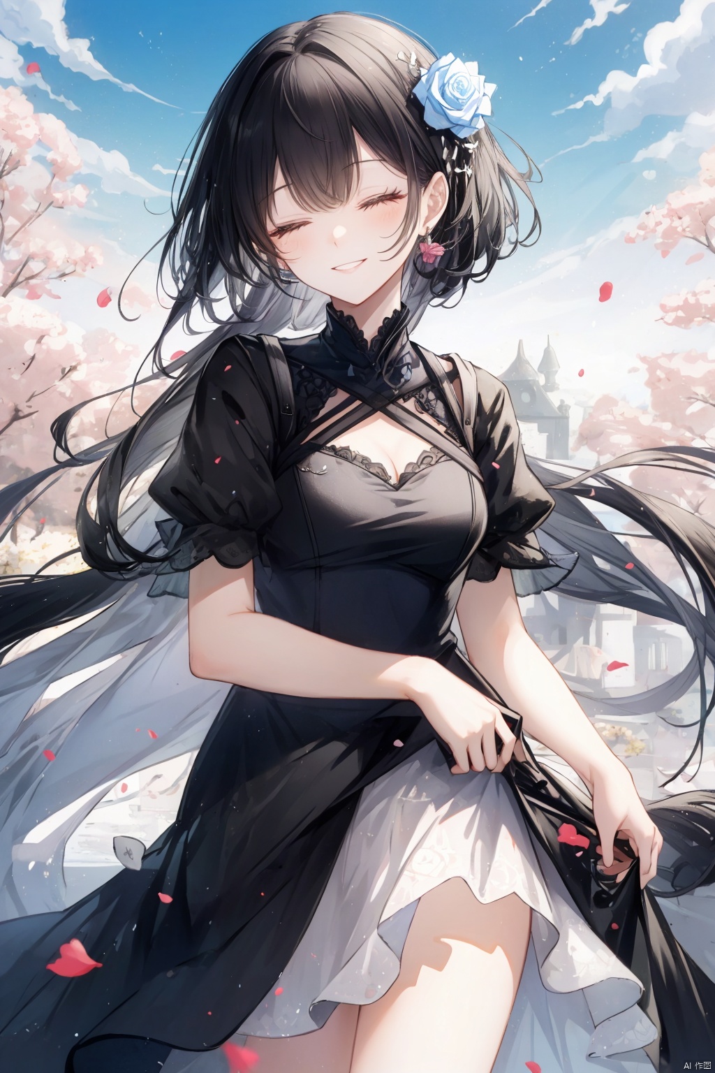 A serene outdoor scene unfolds as a girl with long, raven-black locks and a bright smile stands alone, her eyes closed in peaceful contemplation. She wears a dress with short sleeves and a floral print that catches the eye, adorned with a delicate pink rose tucked behind her ear. The sky above is a brilliant blue, dotted with puffy white clouds, as she tilts her head and cradles the remaining rose bloom against her palm.