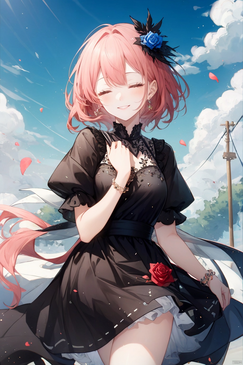 A serene outdoor scene unfolds as a girl with long, raven-black locks and a bright smile stands alone, her eyes closed in peaceful contemplation. She wears a dress with short sleeves and a floral print that catches the eye, adorned with a delicate pink rose tucked behind her ear. The sky above is a brilliant blue, dotted with puffy white clouds, as she tilts her head and cradles the remaining rose bloom against her palm.