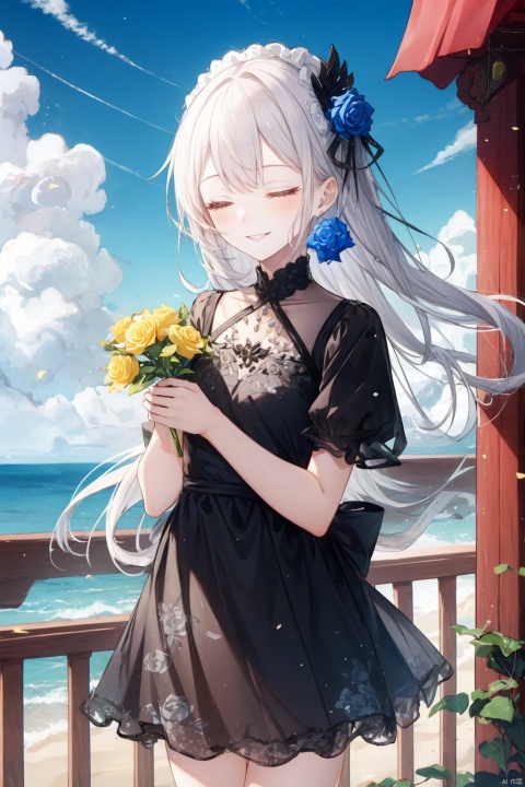 A serene outdoor scene unfolds as a girl with long, raven-black locks and a bright smile stands alone, her eyes closed in peaceful contemplation. She wears a dress with short sleeves and a floral print that catches the eye, adorned with a delicate pink rose tucked behind her ear. The sky above is a brilliant blue, dotted with puffy white clouds, as she tilts her head and cradles the remaining rose bloom against her palm.
