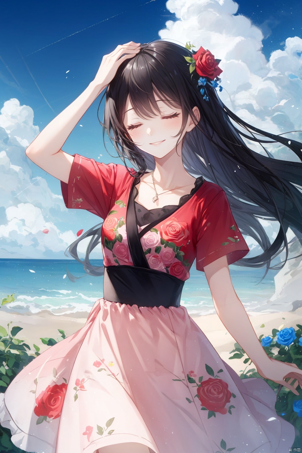 1girl, solo, long hair, smile, black hair, dress, standing, closed eyes, flower, short sleeves, outdoors, sky, day, cloud, blue sky, head tilt, rose, floral print, plant, pink flower, hand on own head, pink rose