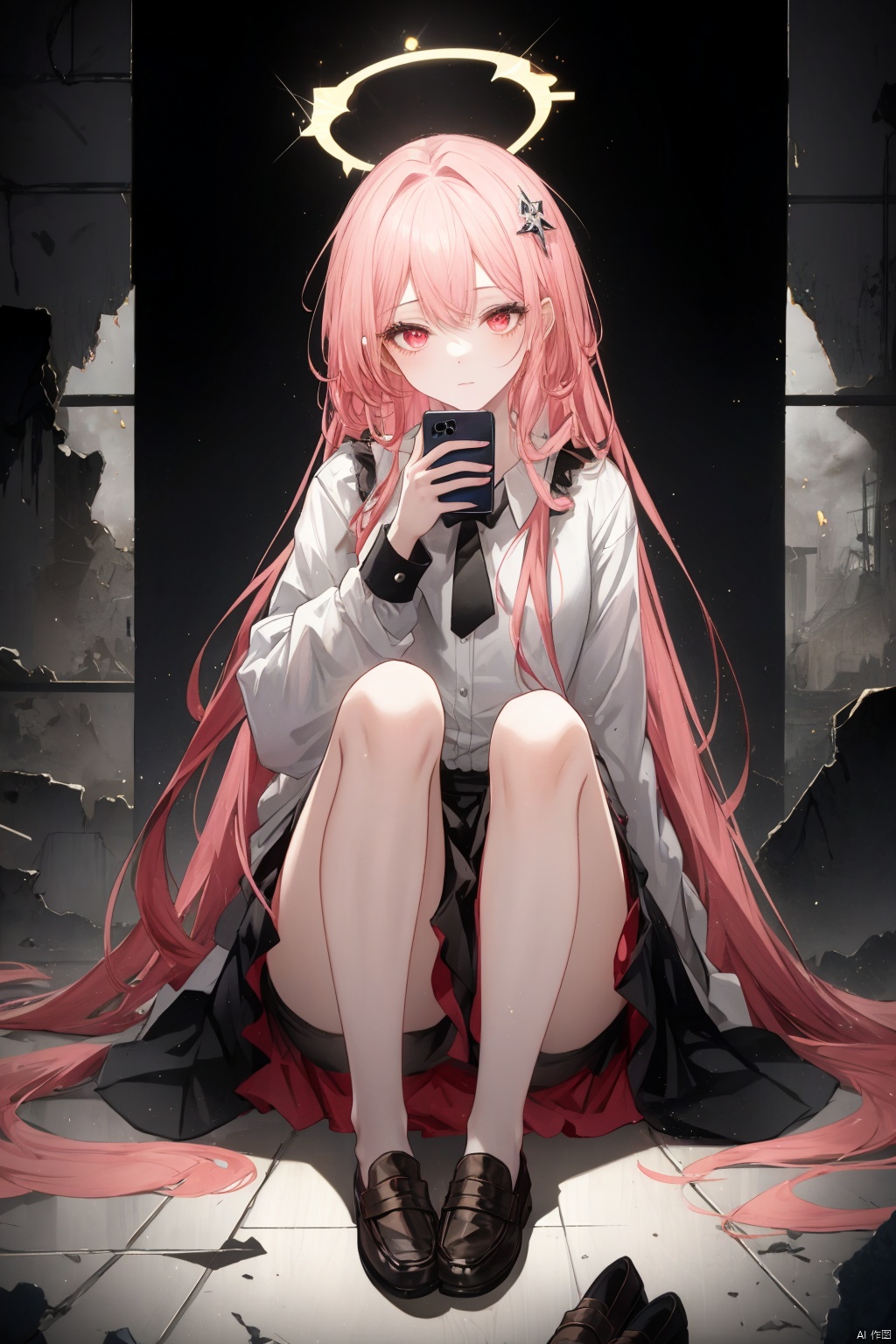 A young girl with striking features sits solo in a dimly lit indoor setting, surrounded by ruins. Her long hair cascades down her back like a river of night, adorned with a glittering ornament. She gazes directly at the viewer with piercing red eyes, her bangs framing her face. A black skirt hugs her legs, which are bare above the knees. She wears a white shirt and holds a phone in one hand, while her other leg is bent, as if resting on the floor. Her pink hair and eyes pop against the somber backdrop, where she sits amidst crumbling structures. Her feet are clad in black loafers, complete with a halo of light surrounding her head.