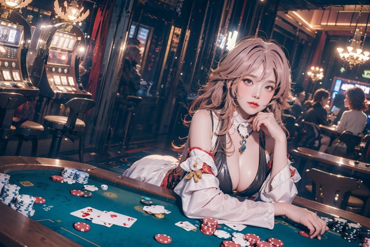  1 Girls in casinos, Golden curls, long hair, black leather, beautiful cleavage, poker, many poker, poker, wide-angle camera, gambling table, lobby, high-quality masterpiece, plump breasts, Bend over, Lie down at the table, meimo