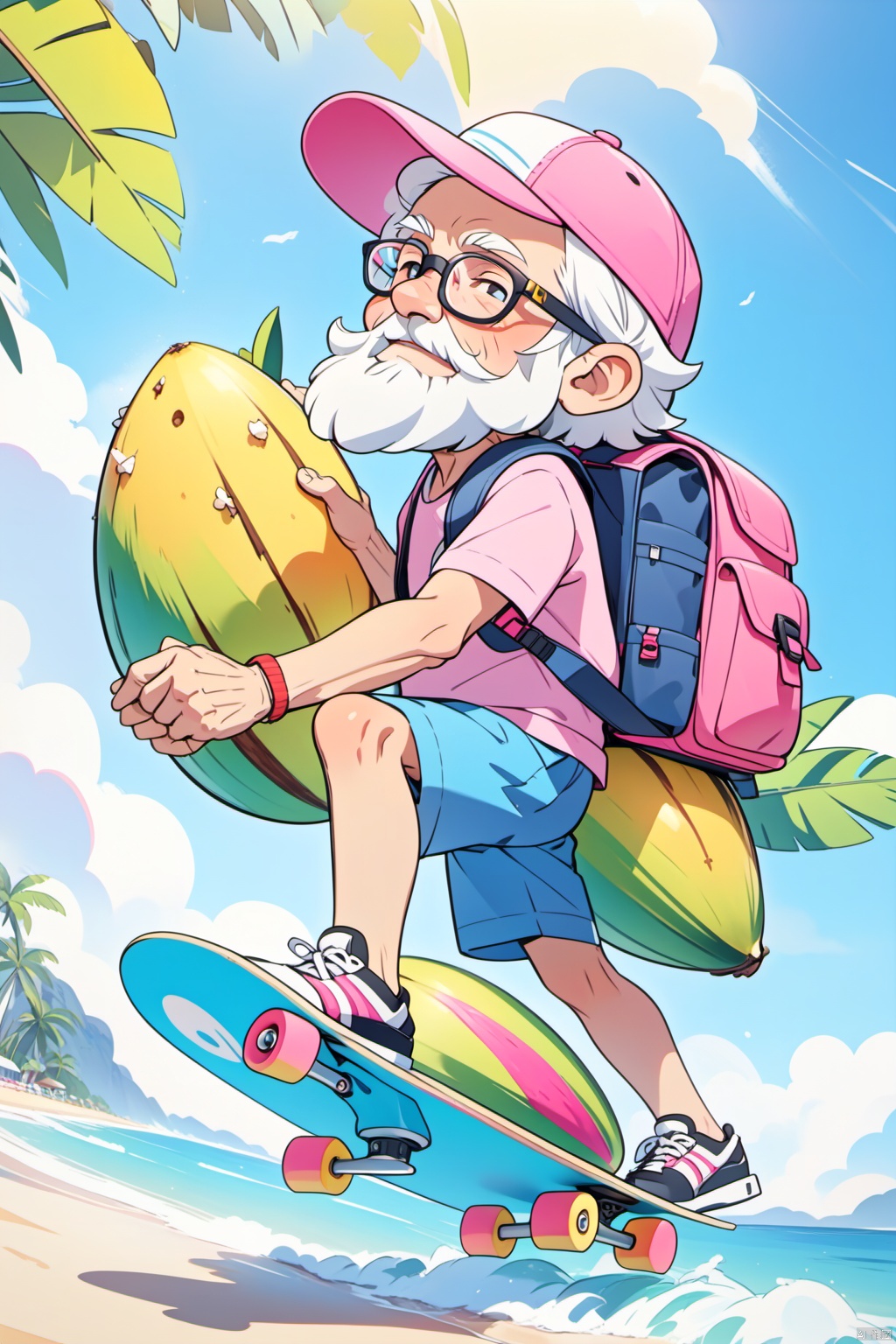  solo,(masterpiece),(best quality),The image showcases a vibrant 3D animated character,an elderly man with a white beard,wearing a pink cap,glasses,and a backpack. He's posed next to a colorful skateboard,exuding a relaxed and adventurous vibe,in summer,day,sky,sea,beach,on the beach,waves,cirrus,coconut tree,holding_mango,