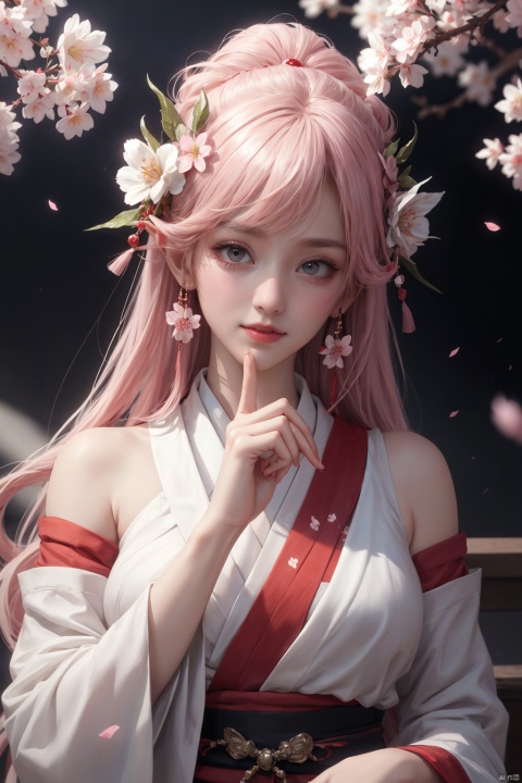 1girl,detached sleeves,pink hair,long hair,best quality,(photorealistic:1.2),(hair ornament:1.35),cherry blossoms,( white shrine maiden),depth of field,detailed face,face focus,(looking at viewer:1.25),shiny skin,long sleeves,red sleeves,smile game cg,blurry background,half body,((right hand to mouth,finger touch lip)),