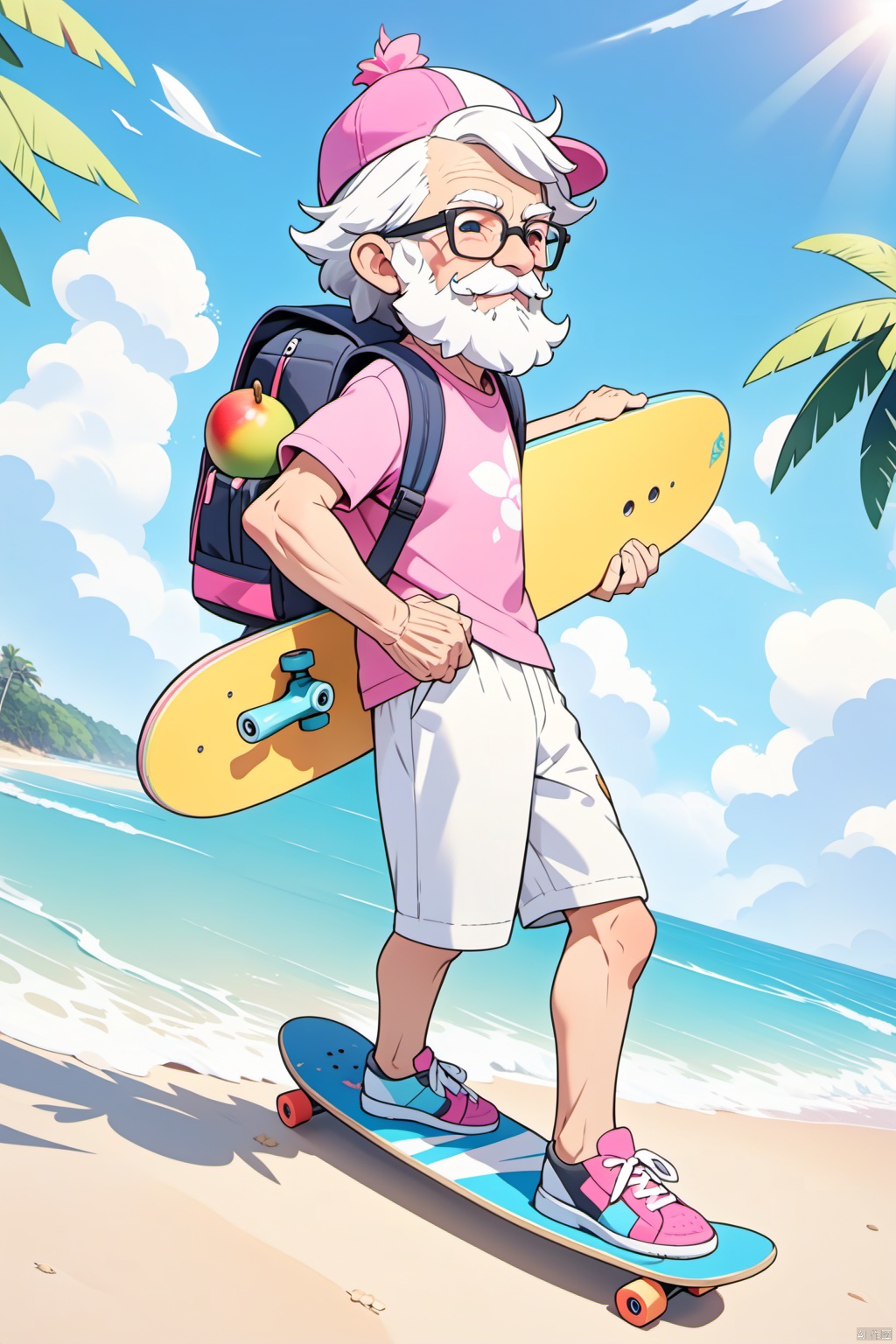  solo,(masterpiece),(best quality),The image showcases a vibrant 3D animated character,an elderly man with a white beard,wearing a pink cap,glasses,and a backpack. He's posed next to a colorful skateboard,exuding a relaxed and adventurous vibe,in summer,day,sky,sea,beach,on the beach,waves,cirrus,coconut tree,holding_mango,