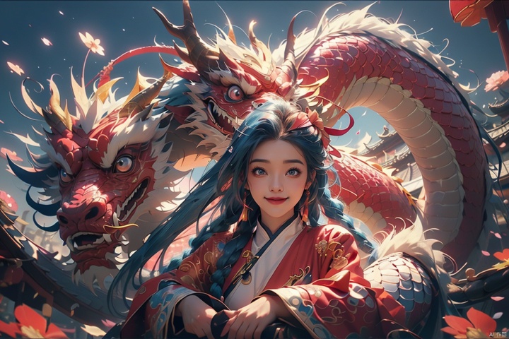 jinx (league of legends), blue hair, pink eyes, 1girl, solo, Sexy suit wearing Chinese red Tang suit, happy smile, Upper body, looking at viewer, ((from, Below:1.2)), eastern dragon, ( Solo exhibition), perfect female body, (\meng ze\), colors, The background is stars and falling petals, eastern dragon, anime art wallpaper 8k, anime art wallpaper 4k, Beautiful anime art work, 4k anime wallpaper, Beautiful anime art, gufeng, mDragonNewYear, JinxLol, masterpiece, best quality