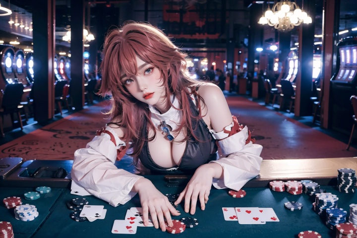 1 Girls in casinos, Golden curls, long hair, black leather, beautiful cleavage, poker, many poker, poker, wide-angle camera, gambling table, lobby, high-quality masterpiece, plump breasts, Bend over, Lie down at the table, meimo