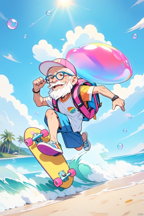  solo,(masterpiece),(best quality),The image showcases a vibrant 3D animated character,an elderly man with a white beard,wearing a pink cap,glasses,and a backpack. He's posed next to a colorful skateboard,exuding a relaxed and adventurous vibe,in summer,day,sky,sea,beach,on the beach,waves,cirrus,(((colorful bubble))),coconut tree,mango,