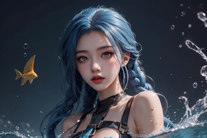  jinx (league of legends), blue hair, pink eyes, Inspired by Jinx, Complex background, Because there are fish swimming in the deep sea, images inspired by rossdraws, Hot topics on pixiv, fantasy art, anime style 4k, anime wallpaper 4k, anime wallpaper 4k, 4k anime wallpaper, wallpaper anime blue water, Anime Art Wallpaper 4k, anime art wallpaper 4k, guweiz style artwork