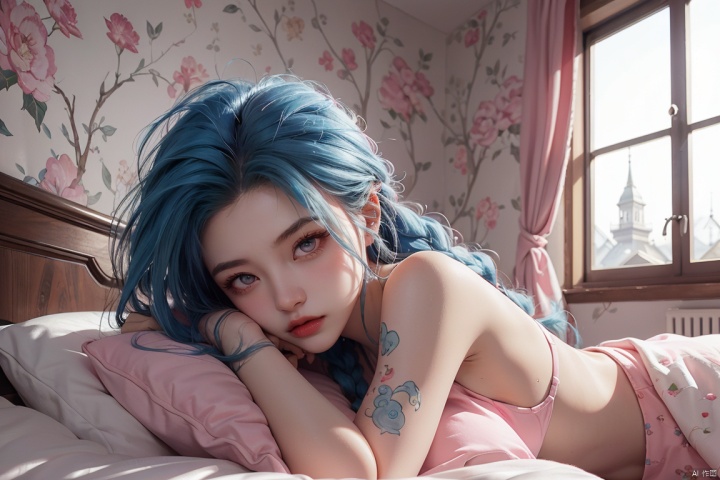  A girl with blue hair sleeping on the bed, jinx (league of legends), blue hair, pink eyes, Inspired by Jinx, The background is a sophisticated bedroom, French windows, images inspired by rossdraws,anime art wallpaper 4k, guweiz style artwork