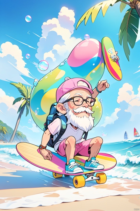 solo,(masterpiece),(best quality),The image showcases a vibrant 3D animated character,an elderly man with a white beard,wearing a pink cap,glasses,and a backpack. He's posed next to a colorful skateboard,exuding a relaxed and adventurous vibe,in summer,day,sky,sea,beach,on the beach,waves,cirrus,(((colorful bubble))),coconut tree,mango,