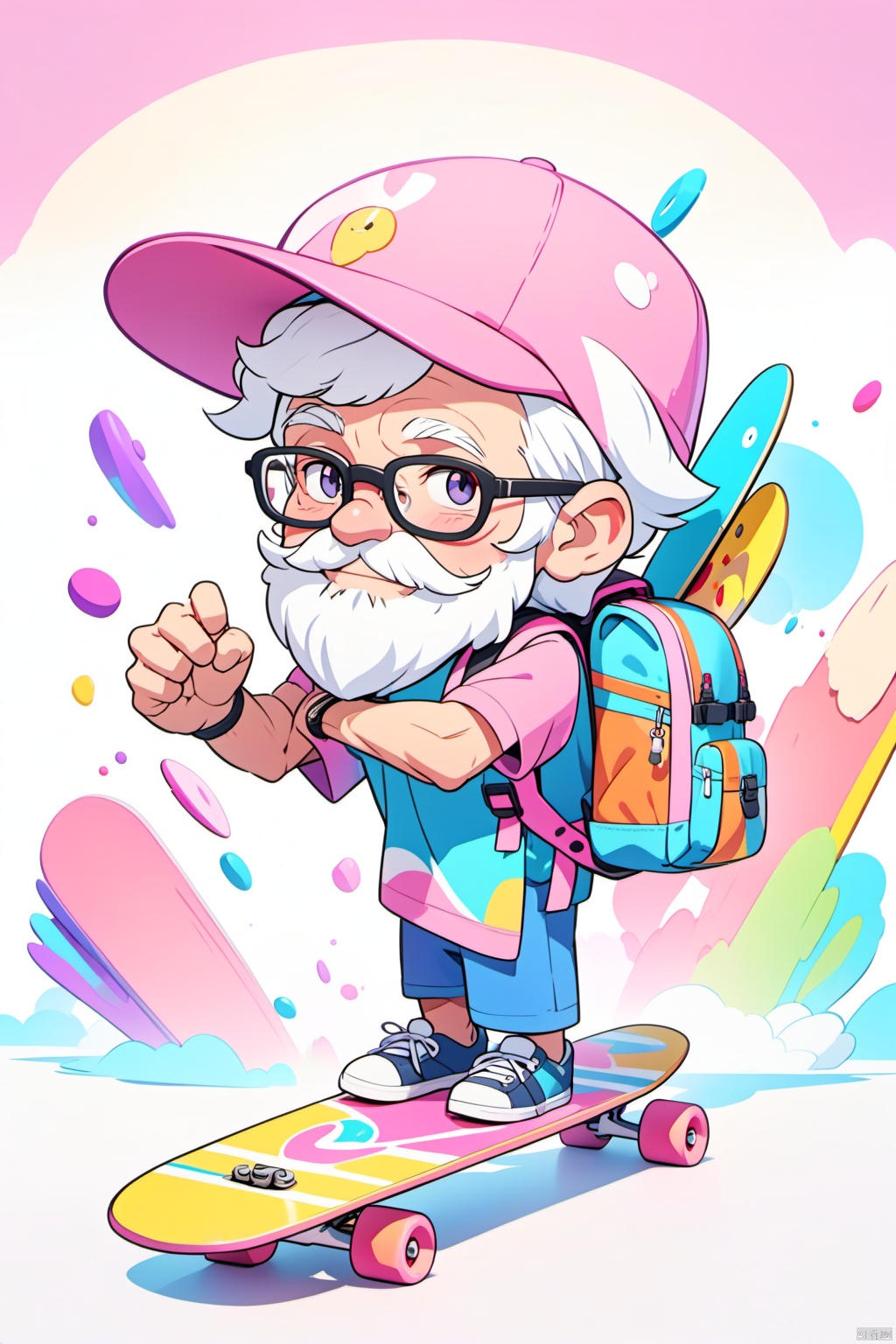  solo,(masterpiece), (best quality),The image showcases a vibrant 3D animated character, an elderly man with a white beard, wearing a pink cap, glasses, and a backpack. He's posed next to a colorful skateboard, exuding a relaxed and adventurous vibe