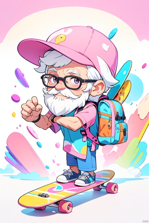  solo,(masterpiece), (best quality),The image showcases a vibrant 3D animated character, an elderly man with a white beard, wearing a pink cap, glasses, and a backpack. He's posed next to a colorful skateboard, exuding a relaxed and adventurous vibe