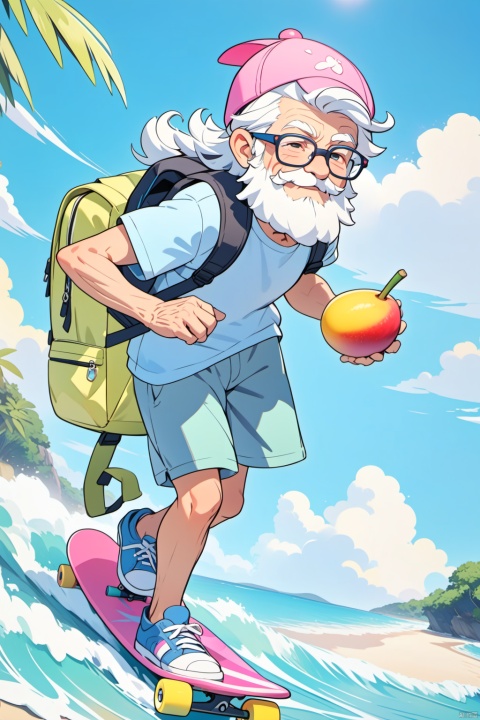 solo,(masterpiece),(best quality),The image showcases a vibrant 3D animated character,an elderly man with a white beard,wearing a pink cap,glasses,and a backpack. He's posed next to a colorful skateboard,exuding a relaxed and adventurous vibe,in summer,day,sky,sea,beach,on the beach,waves,cirrus,coconut tree,holding_mango,