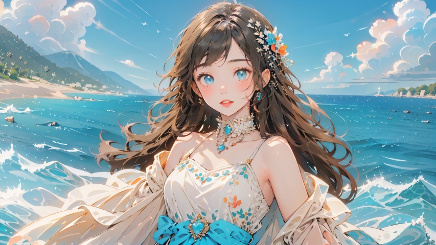 1girl, solo focus, standing in Sandy beach, white-blue, red lips, long hair, wearing a necklace, delicate face, beautiful eyes, sweater coat coat, blue short skirt, diamond belt, snap-fit buckle,  close-up, masterpiece, best quality,blue-sky,accent-color,expression,light smile,anime,wide shot,UHD,highres,super detail,in spring