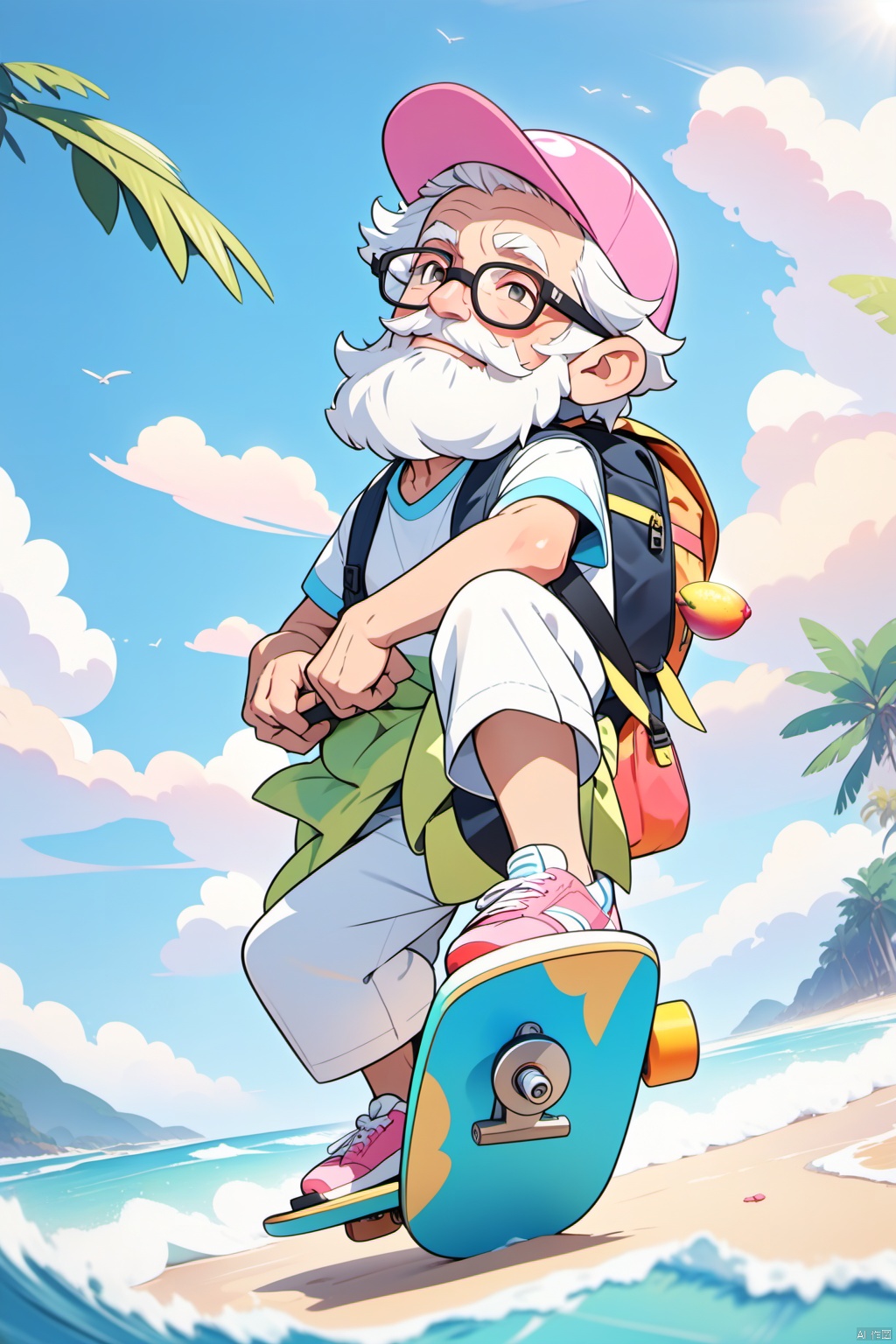 solo,(masterpiece),(best quality),The image showcases a vibrant 3D animated character,an elderly man with a white beard,wearing a pink cap,glasses,and a backpack. He's posed next to a colorful skateboard,exuding a relaxed and adventurous vibe,in summer,day,sky,sea,beach,on the beach,waves,cirrus,coconut tree,holding_mango,
