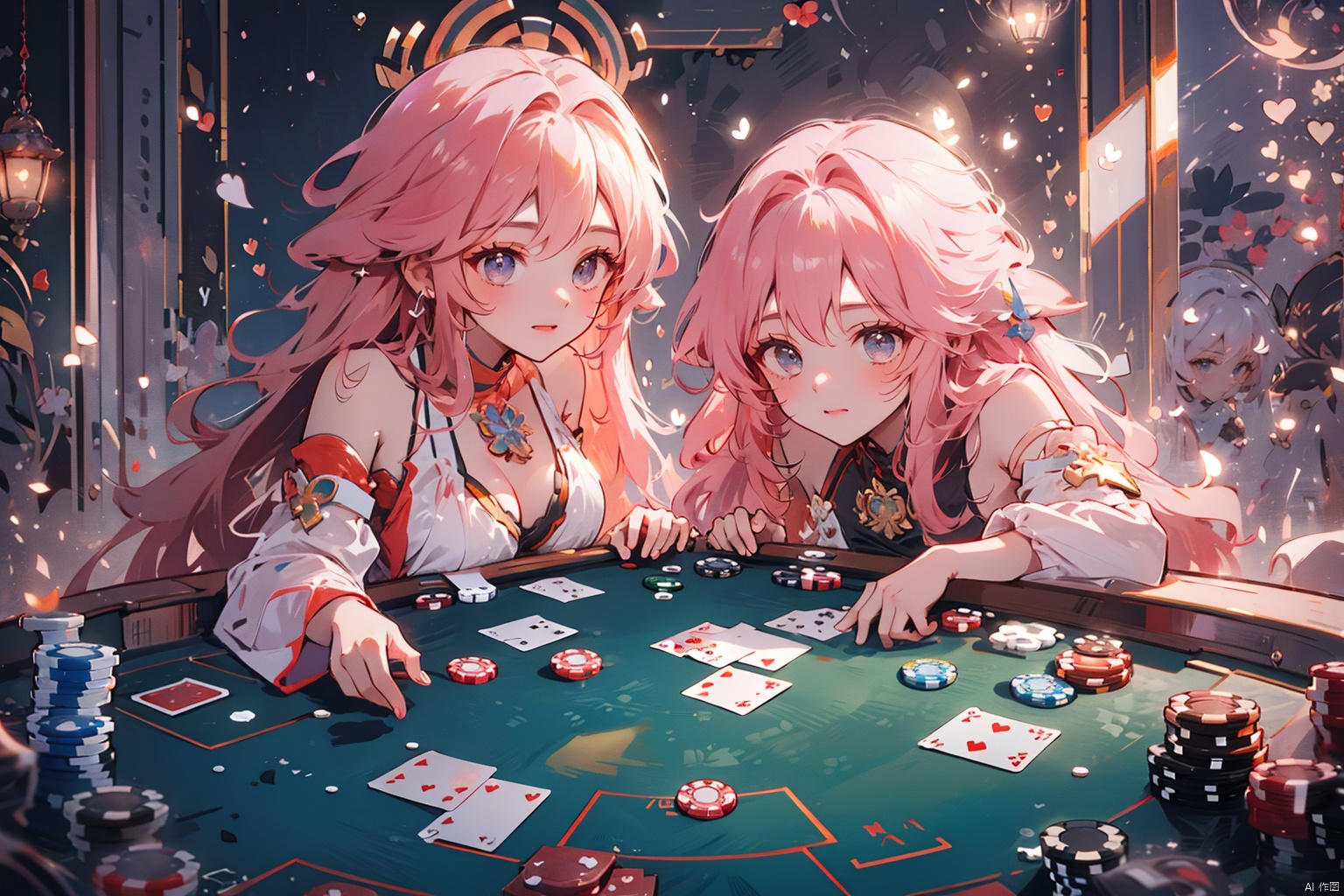  2 Girls in casinos, Golden curls, long hair, black leather, beautiful cleavage, poker, many poker, poker, wide-angle camera, gambling table, lobby, high-quality masterpiece, plump breasts, Lie down at the table meimo, (\meng ze\)