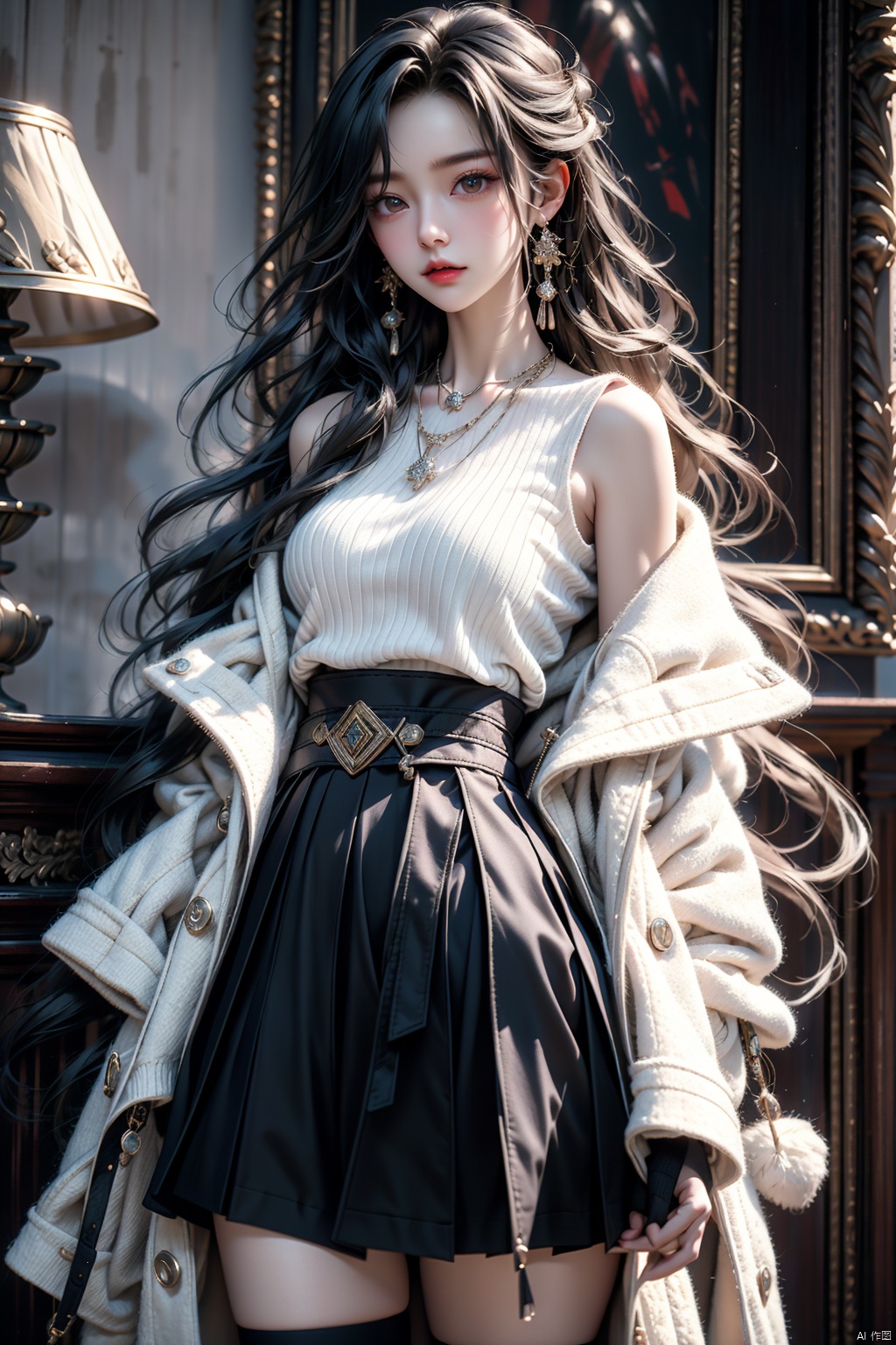  masterpiece, best quality,1girl,solo focus,standing in lobby, black long hair, wearing a necklace, delicate face, beautiful eyes, sweater coat coat,blue short skirt,diamond belt, snap-fit buckle,close-up, dofas