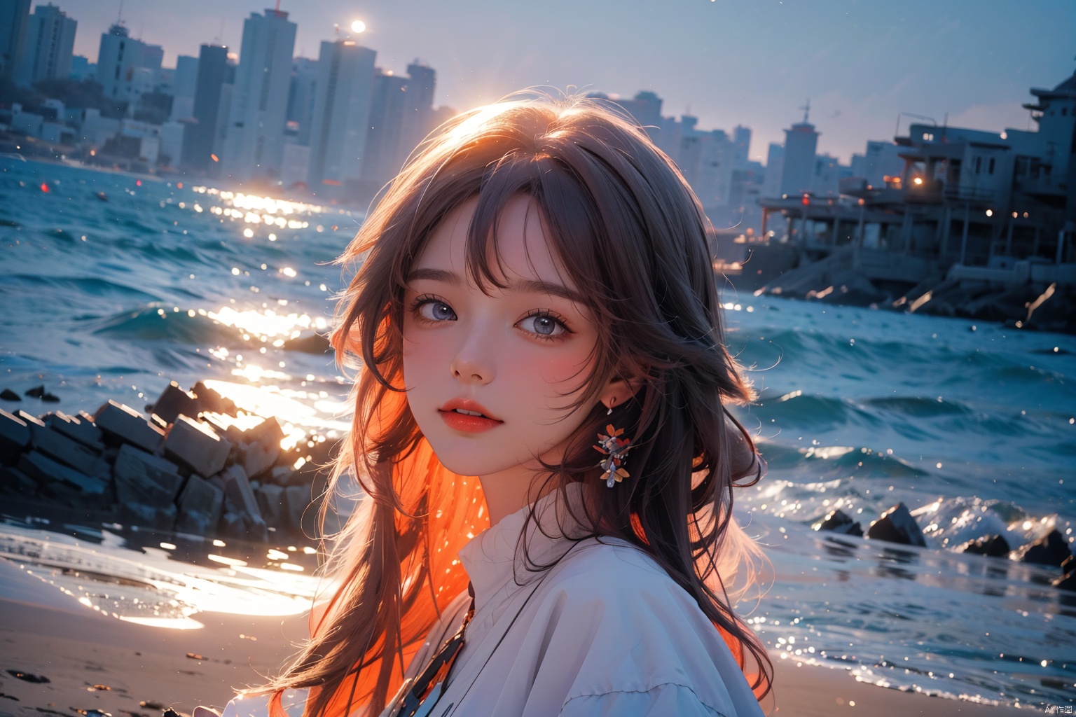 a girl, solo, light reflecting off girl parts, bright style, 32k uhd, pier, Sandy beach, white-blue, is captured with astonishing clarity, painting, dramatic, light, white, blue-sky, accent-color, expression, shade, reflections, light smile, anime, wide shot, UHD, highres, super detail,