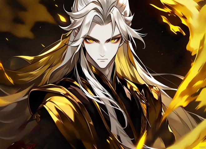  1boy, solo, male focus, long hair, yellow eyes, looking at viewer, white hair, colored skin, white skin, upper body, closed mouth