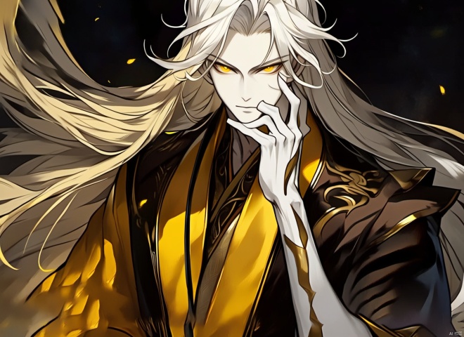  1boy, solo, male focus, long hair, yellow eyes, looking at viewer, white hair, colored skin, white skin, upper body, closed mouth