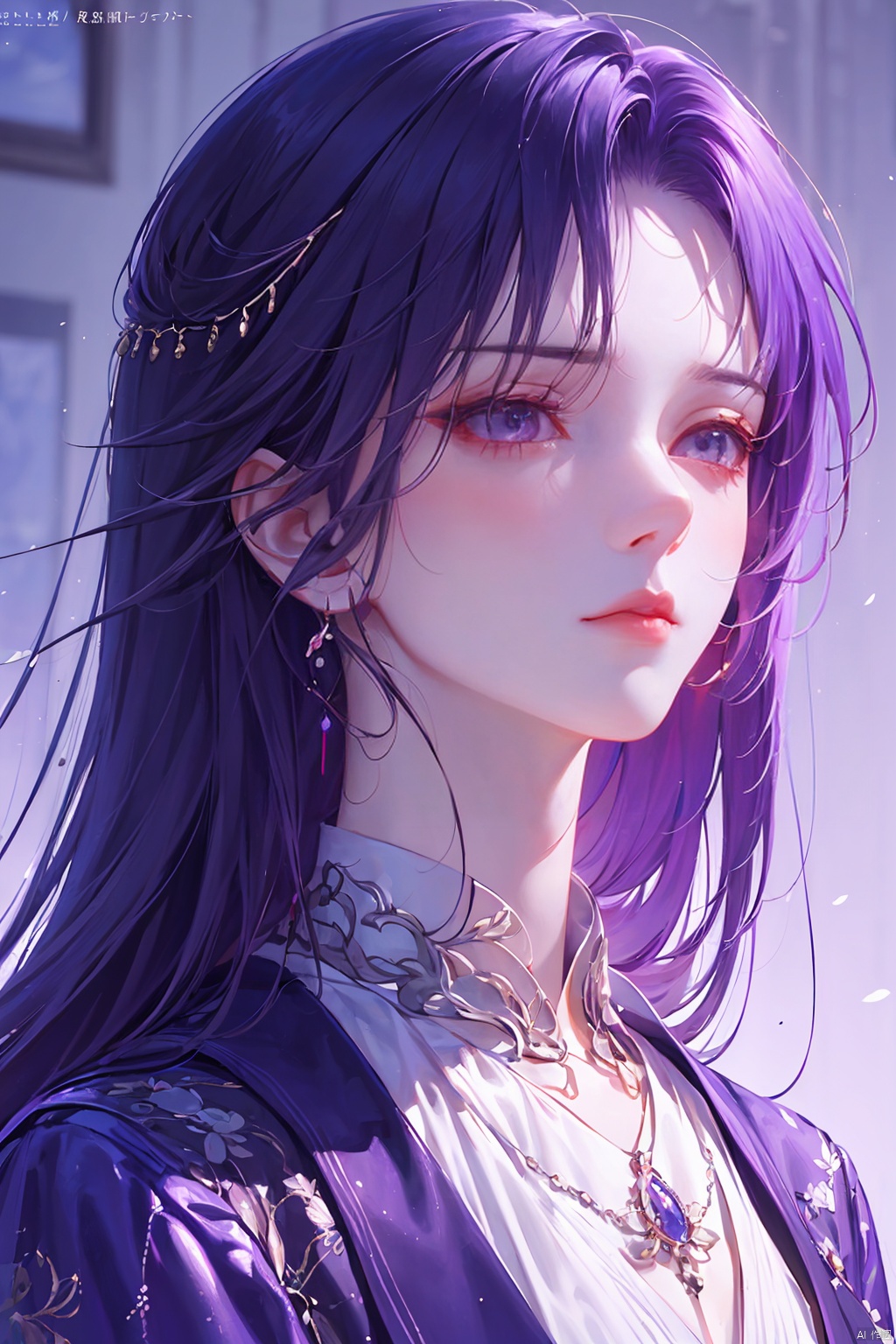  a woman in business attire, career women, business wear, light purple suit, with neat hair, very long black hair, fluffy hair, serious expression, mature face, women who are elegant and a little bit indifferent, successful person, anime portrait, digital anime illustration, beautiful anime style, a beautiful fantasy female chairman, anime illustration, anime fantasy illustration, character painting, trending on artstration,（\personality\）, yunxi,1girl