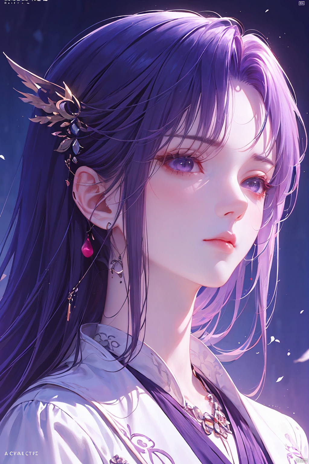  a woman in business attire, career women, business wear, light purple suit, with neat hair, very long black hair, fluffy hair, serious expression, mature face, women who are elegant and a little bit indifferent, successful person, anime portrait, digital anime illustration, beautiful anime style, a beautiful fantasy female chairman, anime illustration, anime fantasy illustration, character painting, trending on artstration,（\personality\）, yunxi,1girl
