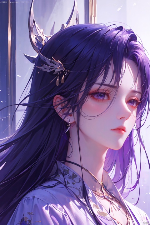  a woman in business attire, career women, business wear, light purple suit, with neat hair, very long black hair, fluffy hair, serious expression, mature face, women who are elegant and a little bit indifferent, successful person, anime portrait, digital anime illustration, beautiful anime style, a beautiful fantasy female chairman, anime illustration, anime fantasy illustration, character painting, trending on artstration,（\personality\）, yunxi,1girl