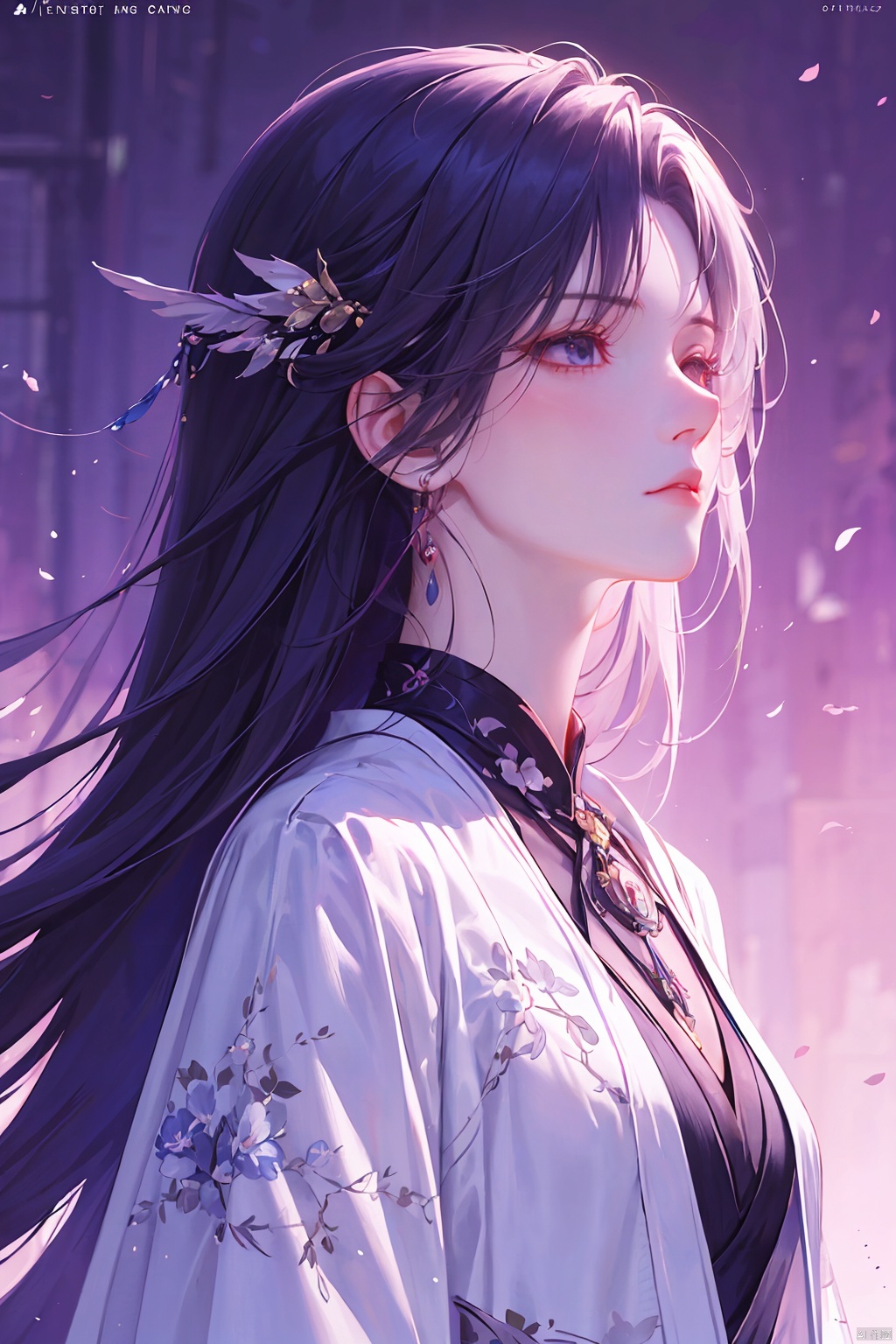  a woman in business attire, career women, business wear, light purple suit, with neat hair, very long black hair, fluffy hair, serious expression, mature face, women who are elegant and a little bit indifferent, successful person, anime portrait, digital anime illustration, beautiful anime style, a beautiful fantasy female chairman, anime illustration, anime fantasy illustration, character painting, trending on artstration,（\personality\）, yunxi,1girl
