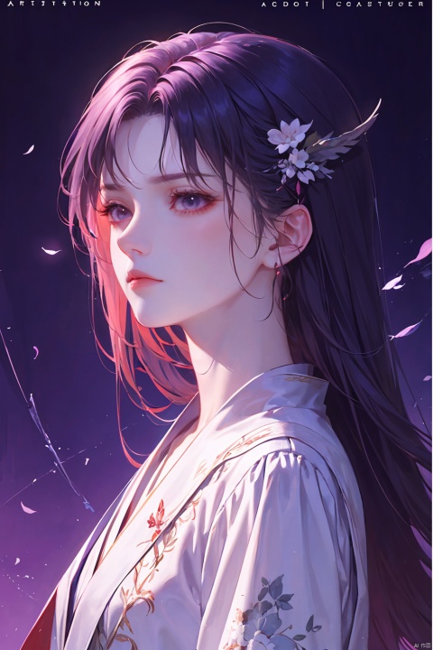  a woman in business attire, career women, business wear, light purple suit, with neat hair, very long black hair, fluffy hair, serious expression, mature face, women who are elegant and a little bit indifferent, successful person, anime portrait, digital anime illustration, beautiful anime style, a beautiful fantasy female chairman, anime illustration, anime fantasy illustration, character painting, trending on artstration,（\personality\）, yunxi,1girl